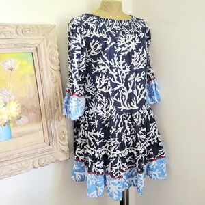 Navy & White Coral Print Off-Shoulder Swim Coverup with Light Blue Trim
